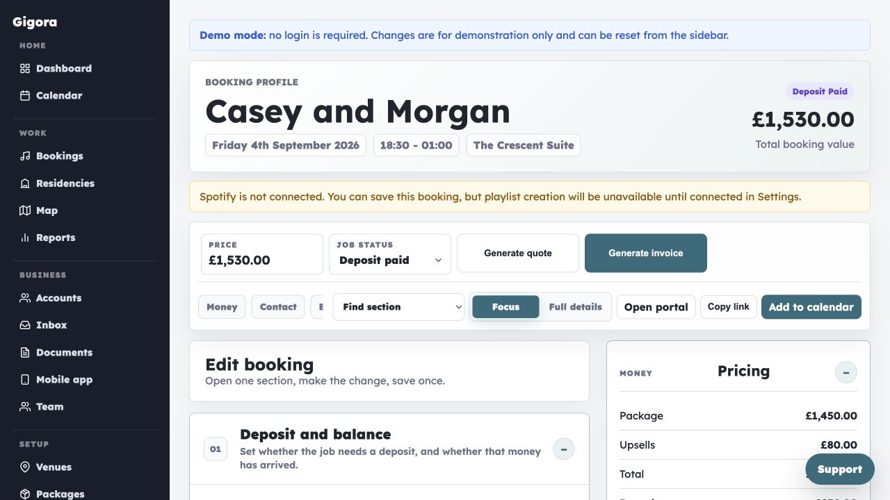 Gigora booking management workspace